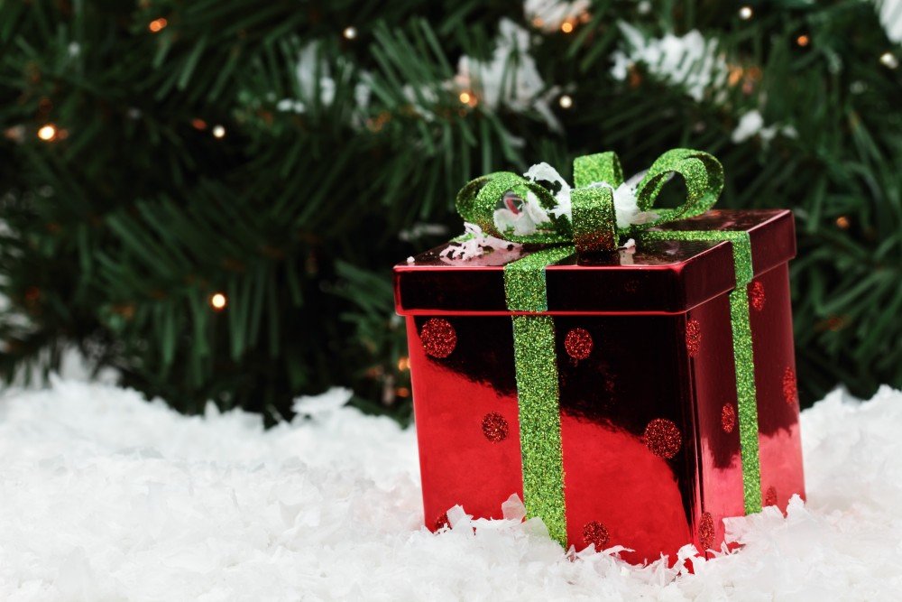 red and green package in snow