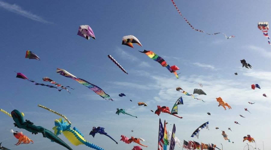 large and small kites flowing on the beach during a kite festival