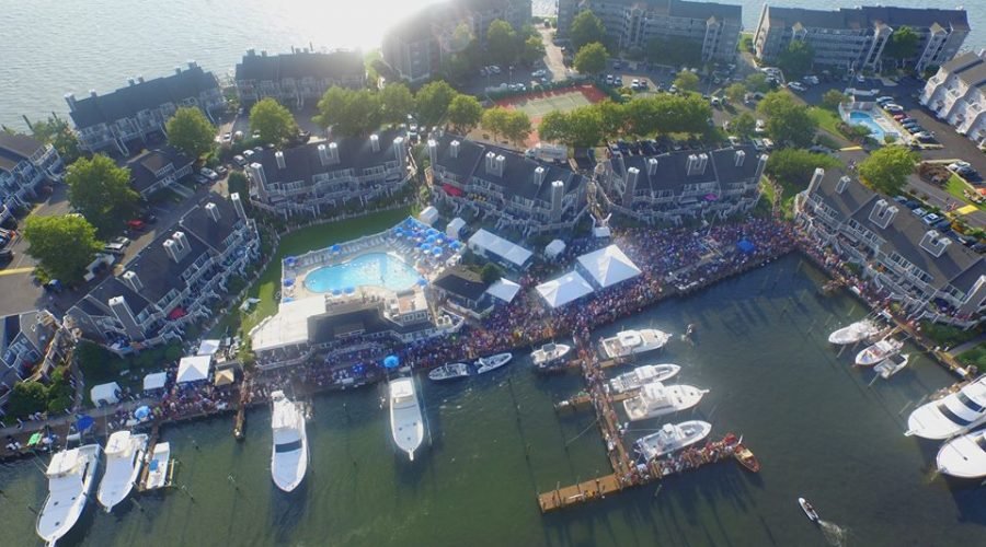 Aerial of Harbour Island where the White Marlin Open in Ocean City is held with boats docked