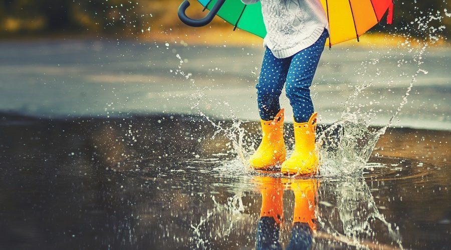 girl in yellow rain boots splashing in rain