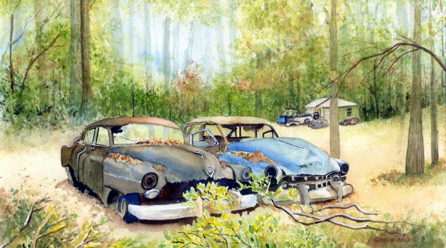 A painting of old cars by Gerilyn Gaskill