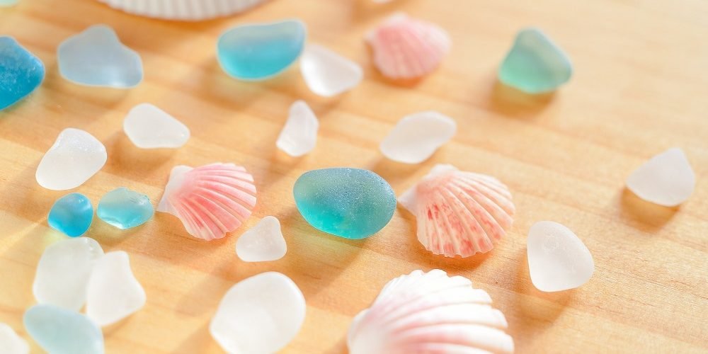shells and sea glass on table
